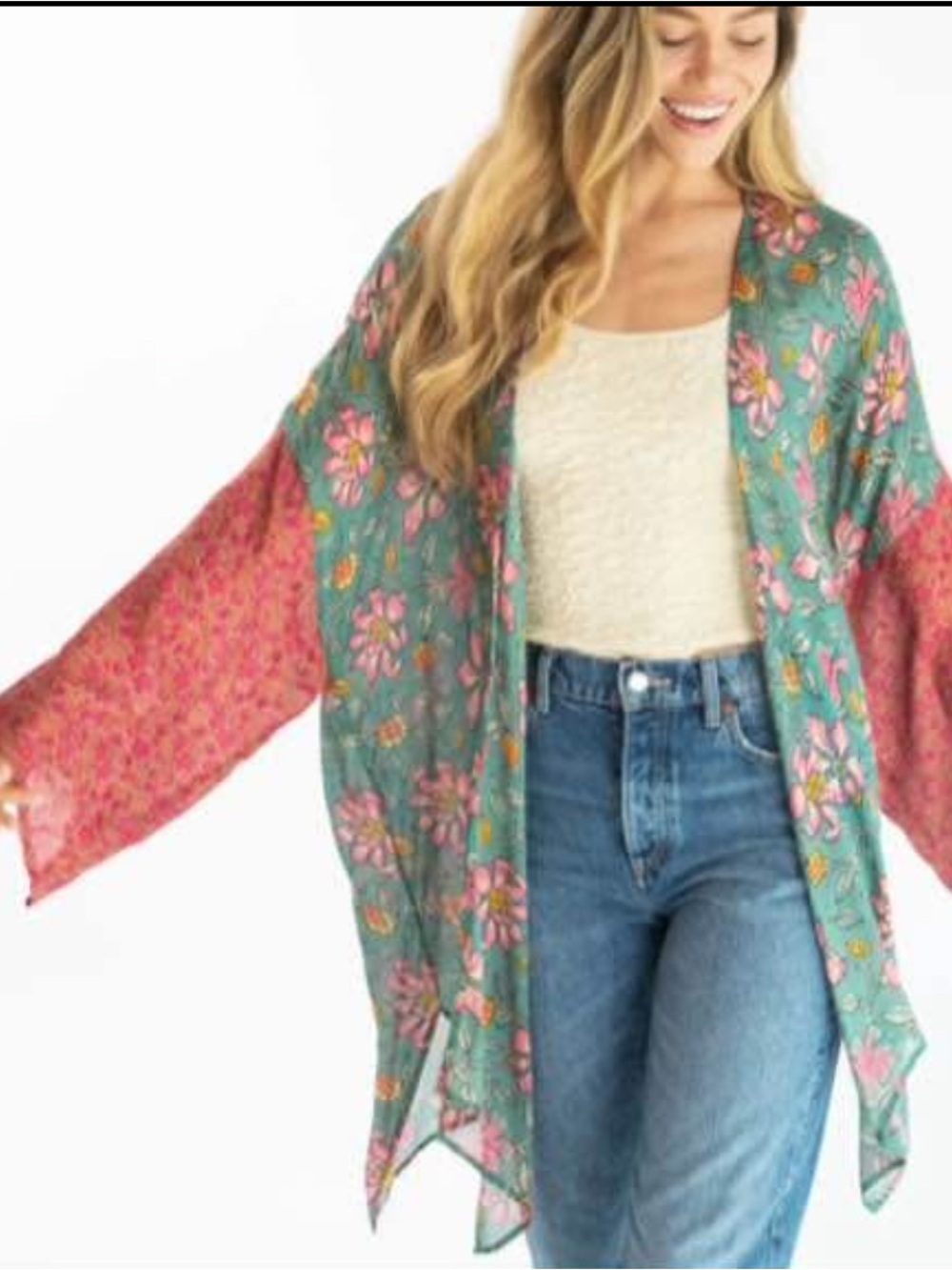 Natural Life L/XL Sierra Mixed Print Kimono - Pink Lilies, Teal Mix Floral new